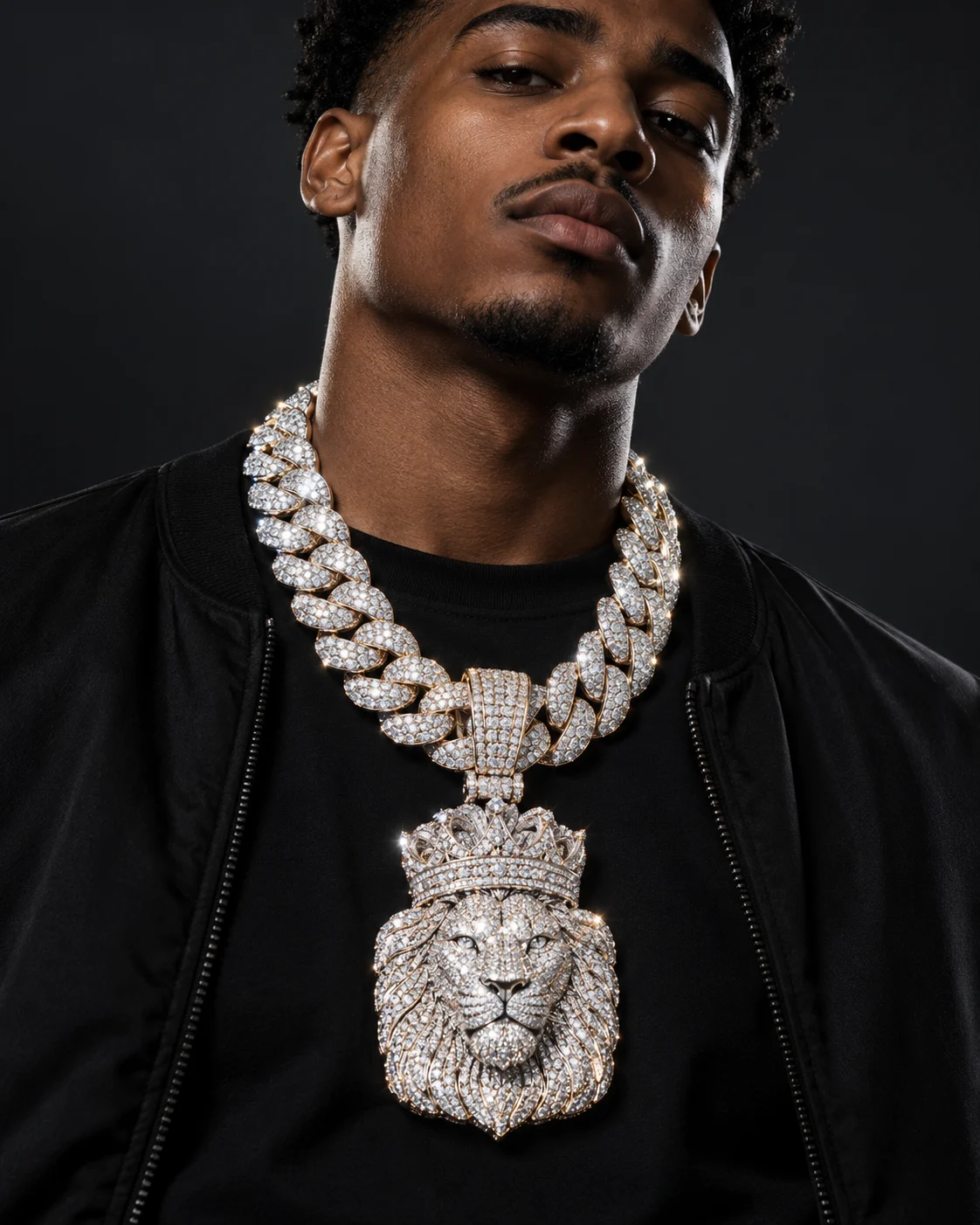 Hip-hop model wearing a large diamond Cuban chain and iced pendant