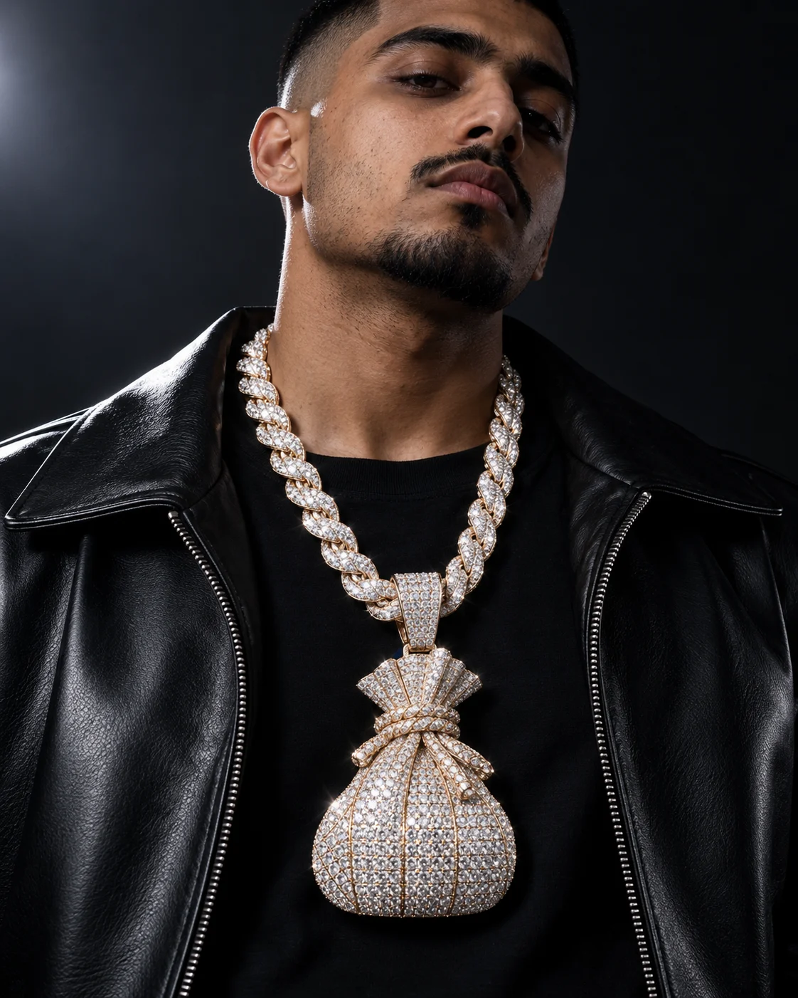 Hip-hop model wearing an oversized iced diamond pendant